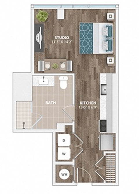 Floor plan for studio, 1 bath, 509 sqft
